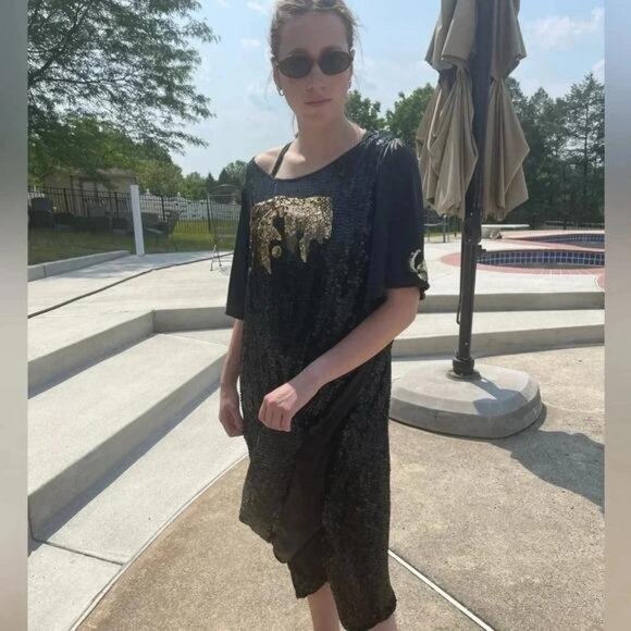 Vintage Black Sequin Elephant Dress – 80s/90s Batwing Midi Kaftan, Gold Sequin - Picture 6 of 9